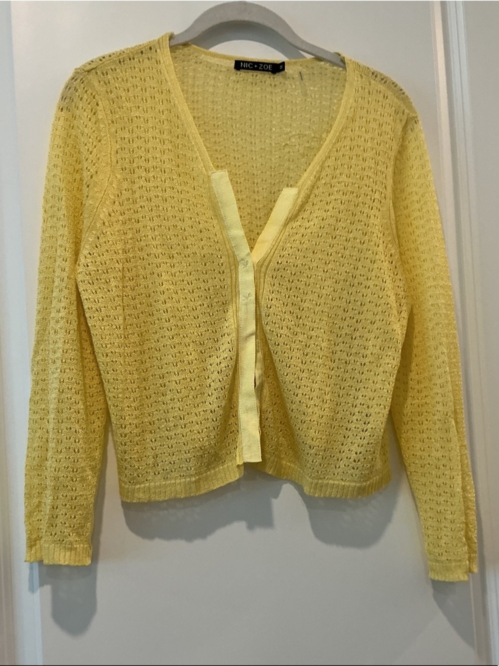 NIC+ZOE Linen Blend Yellow Open-Knit V-Neck Cardigan Sweater
